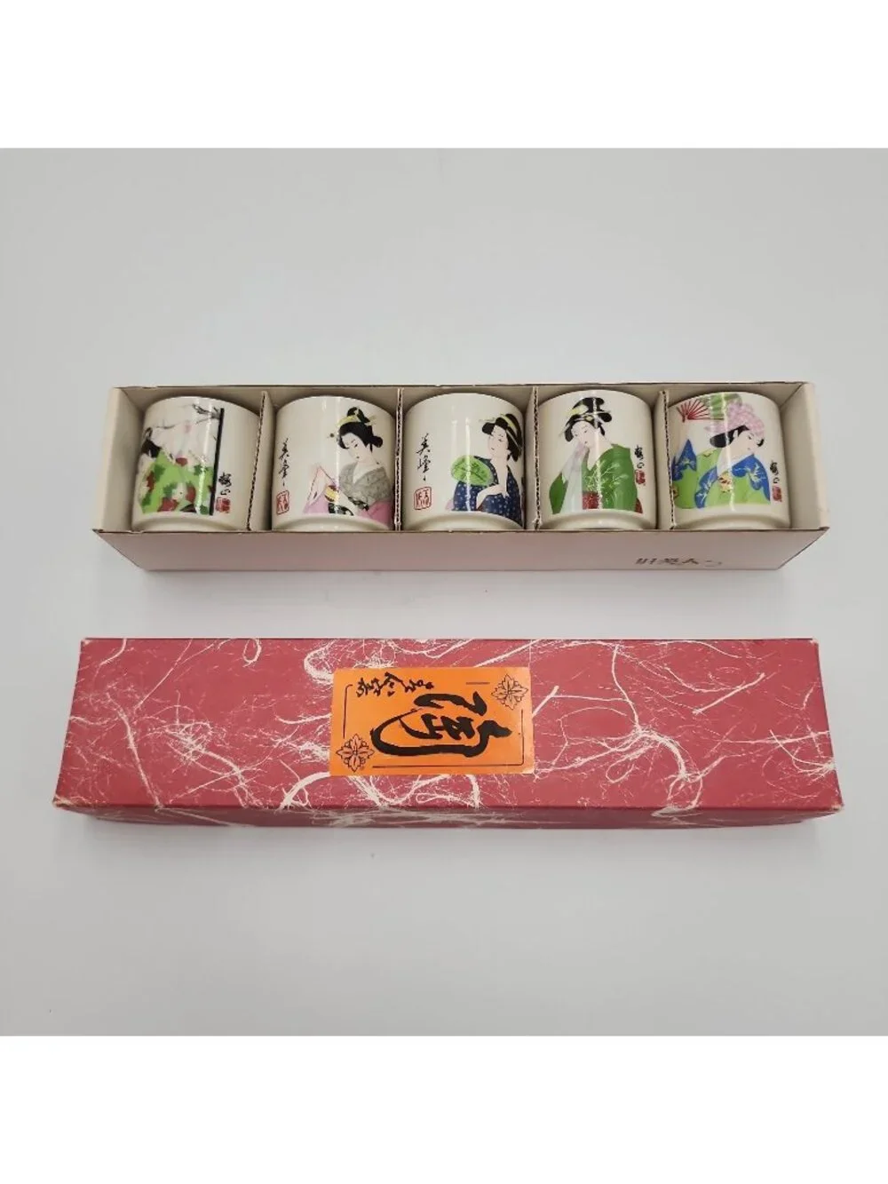 Japanese Porcelain 5 Piece Geisha Sake Cup Set Vintage In Original Box